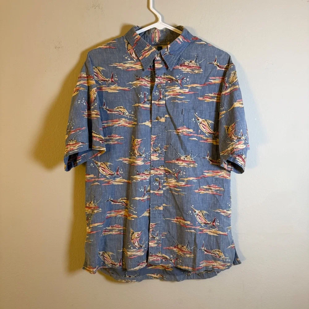 Kahala Mens Blue Cotton Marlin‎ Fishing Boat Hawaiian Aloha Shirt M Handcrafted